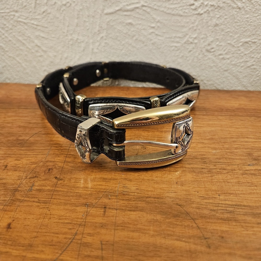 Brighton Black Leather Belt Mixed Metal Goldtone Snd Silvertone Size M/30